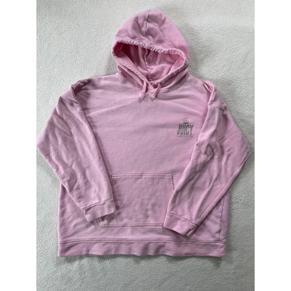 Juicy Couture Womens XL Hoodie Pink Silver Logo Graphic Pullover Sweatshirt